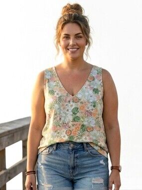 Cato Floral V-Neck Sleeveless Top Pastel Retro Boho - Size 22/24 70s Vibe